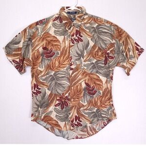 Chaps Ralph Lauren Mens Large Tropical Palm Leaf Button Down Shirt Brown Cotton